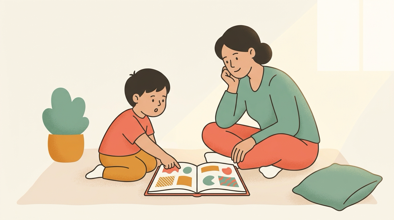 마주 앉아 그림책을 함께 보는 어른과 아이
